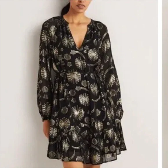 NEW Boden Firework Jacquard Party Black Gold Metallic Sheer Tiered Dress Size 14 - Picture 3 of 13